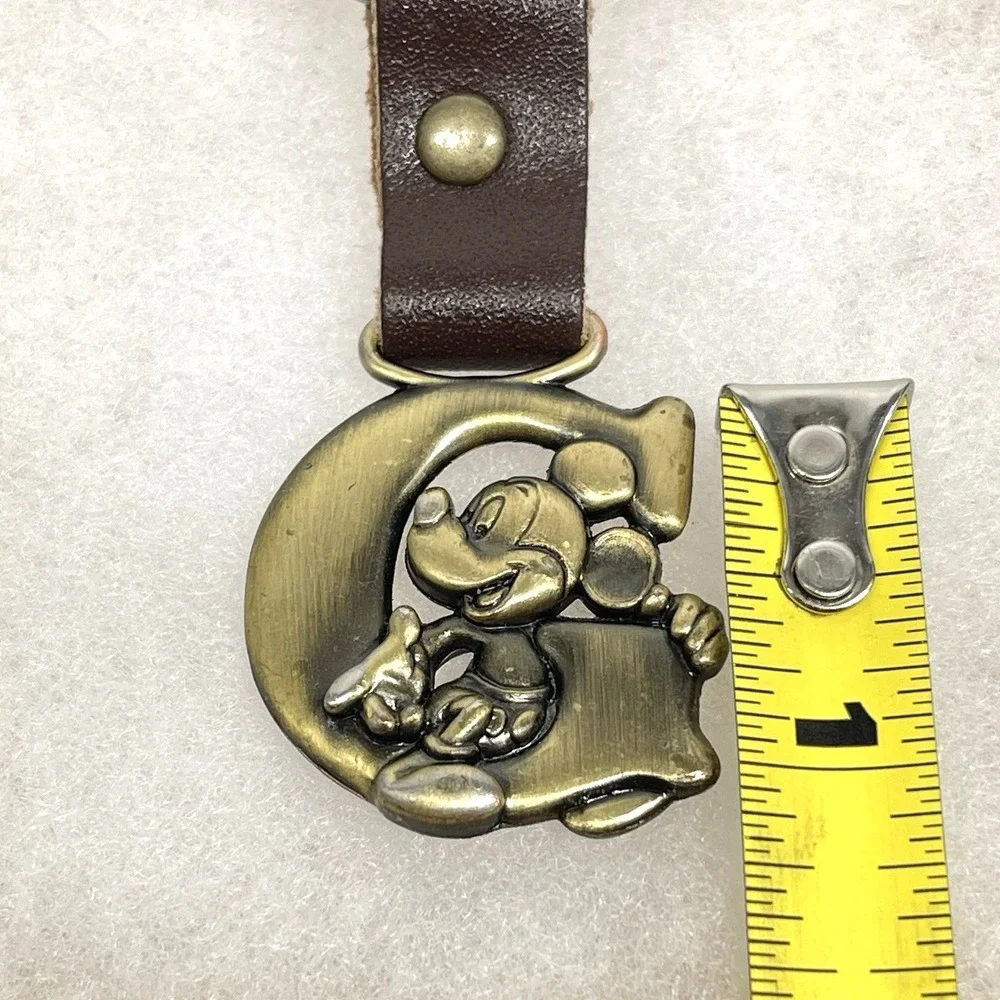 Vintage 80s Disney Mickey Mouse Brass Finished Initial G Keychain Leather Strap